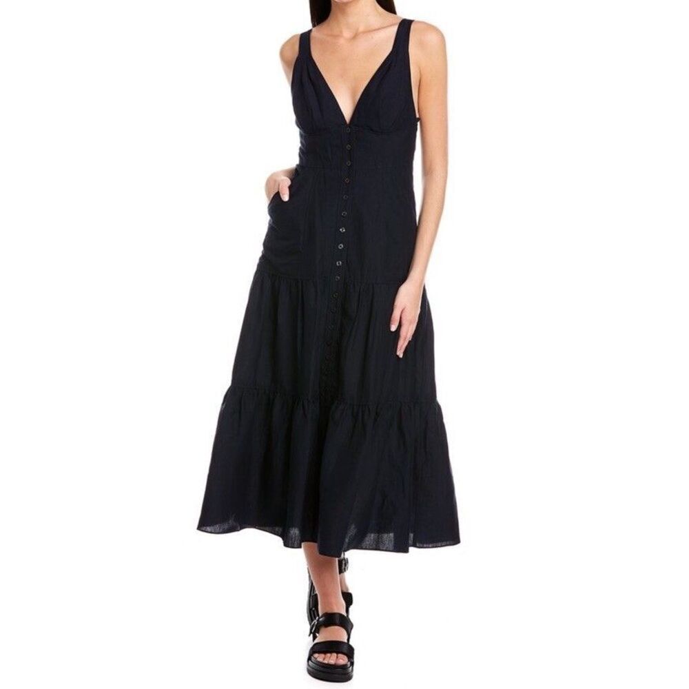A.L.C. Jolie Silk & Linen Blend Tiered Button Front Midi Dress in Navy Blue Sz 6